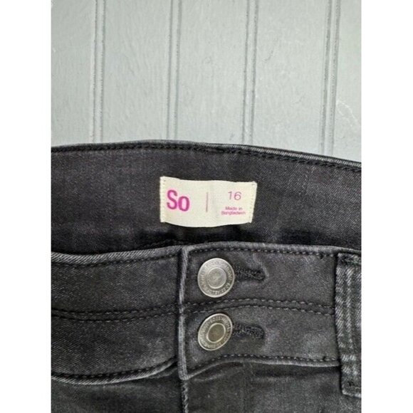 SO Size 16 Womens Jeans Black Skinny Distress Raw Hem Low Rise Stretch - Picture 2 of 4